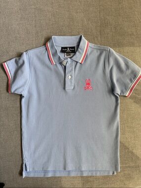 Psycho Bunny Kids Light Blue Polo with Pink Logo and Stripe Trim Medium